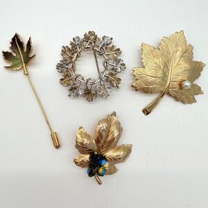 Vintage Brooch Lot Sarah Coventry Leaf Pins Gold Tone Wreath Stick Pin Set